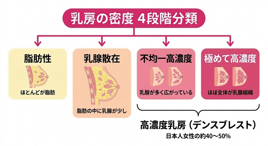 高濃度乳房（デンスブレスト）とマンモグラフィーの限界を示す図解