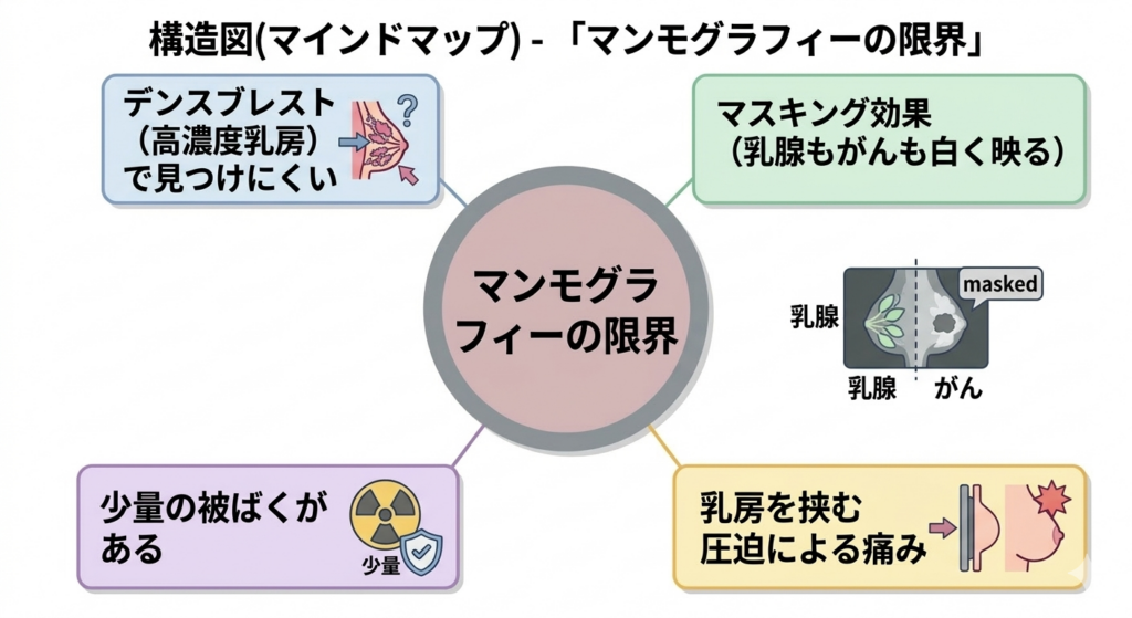 マンモグラフィーの限界 — 高濃度乳房での検出困難性と被曝について